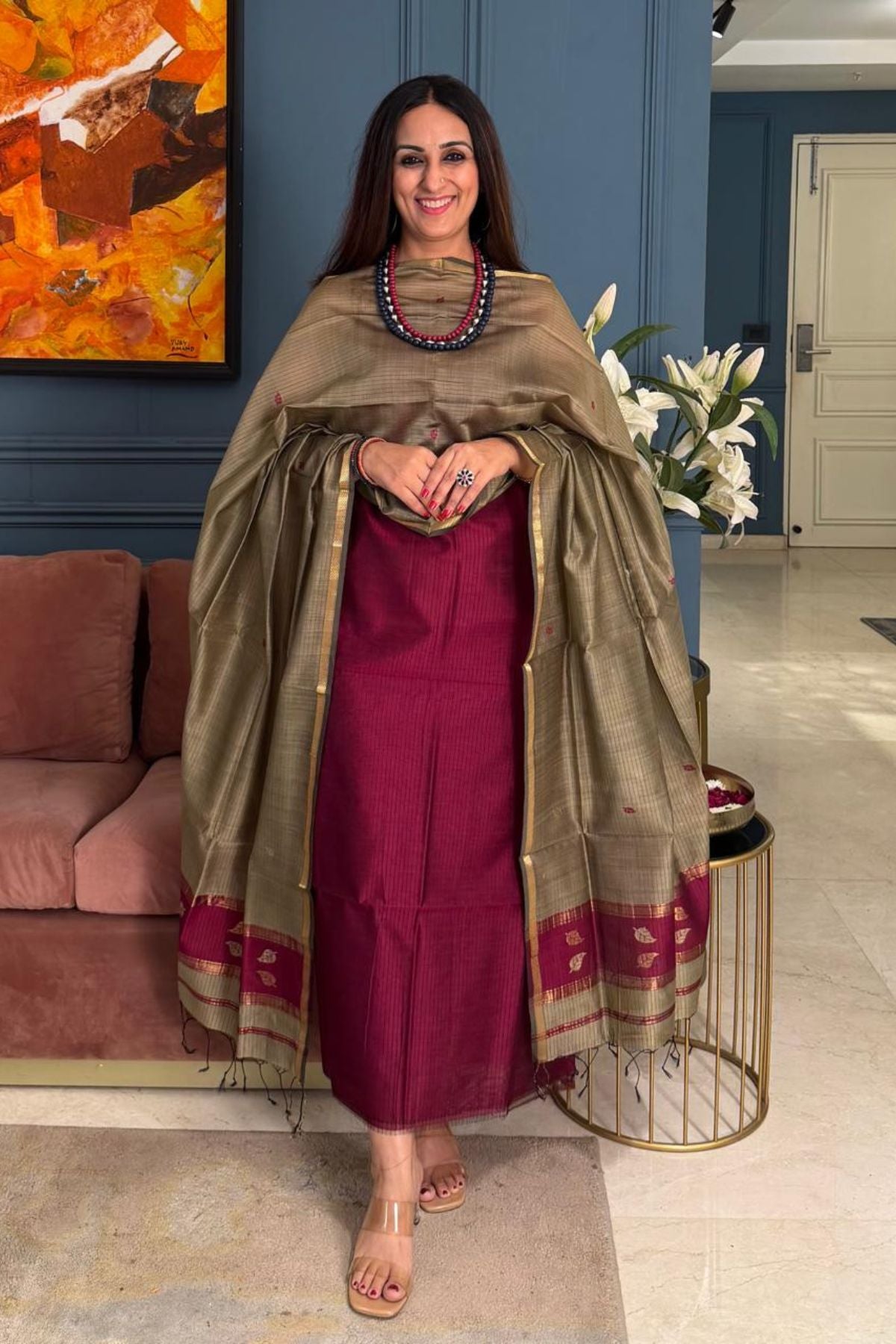 Maheshwari handloom silk by cotton kurta dupatta set